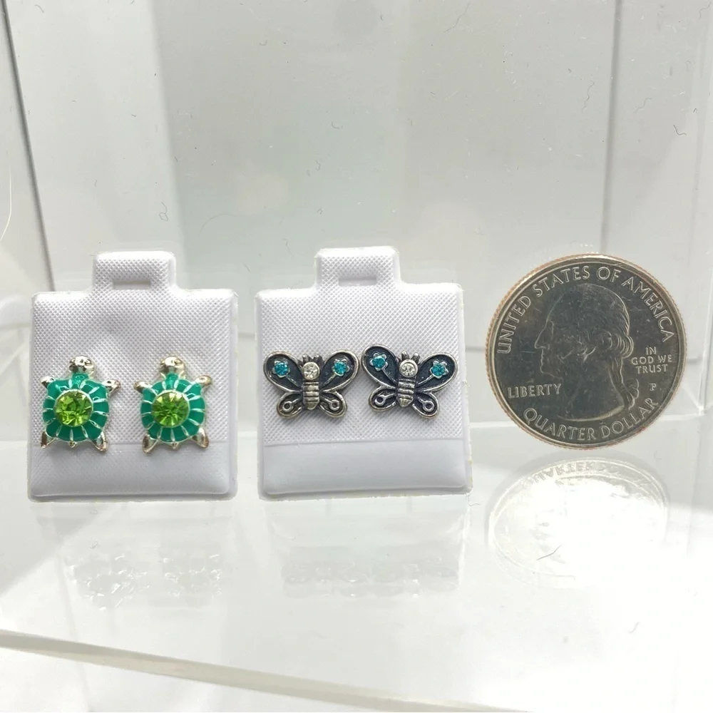 Turtle/ Butterfly Silver-Tone Enamel Rhinestone Stud Pierced Earrings Set Of 2